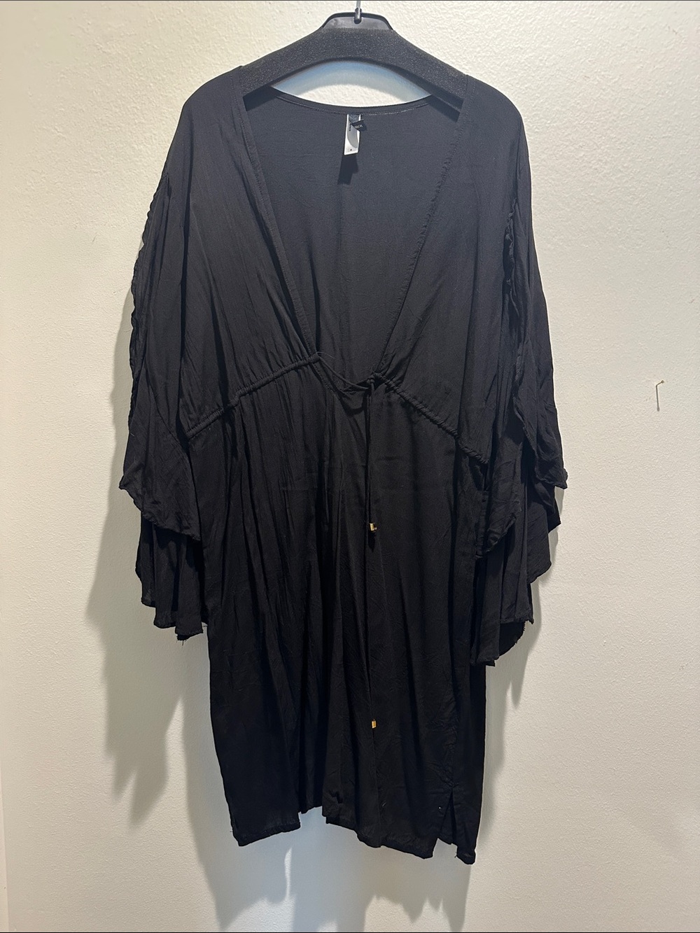 Vix black deep v drawstring short swim cover up with flowy bell sleeve detail